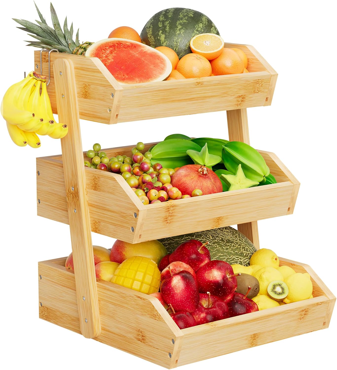 Bamboo 3 Tier Fruit Basket with Large Capacity for Kitchen Use