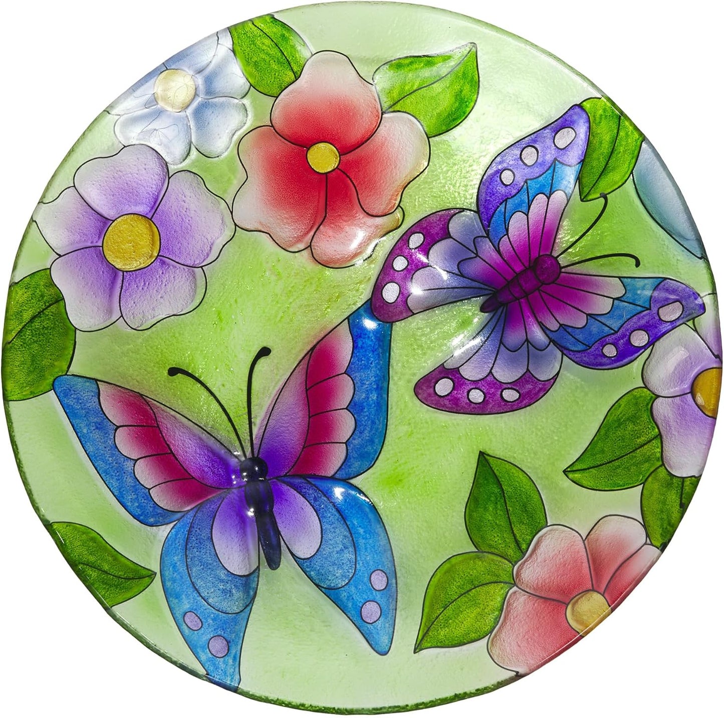 Outdoor Glass Birdbath Bowl Topper with Purple Butterfly Design