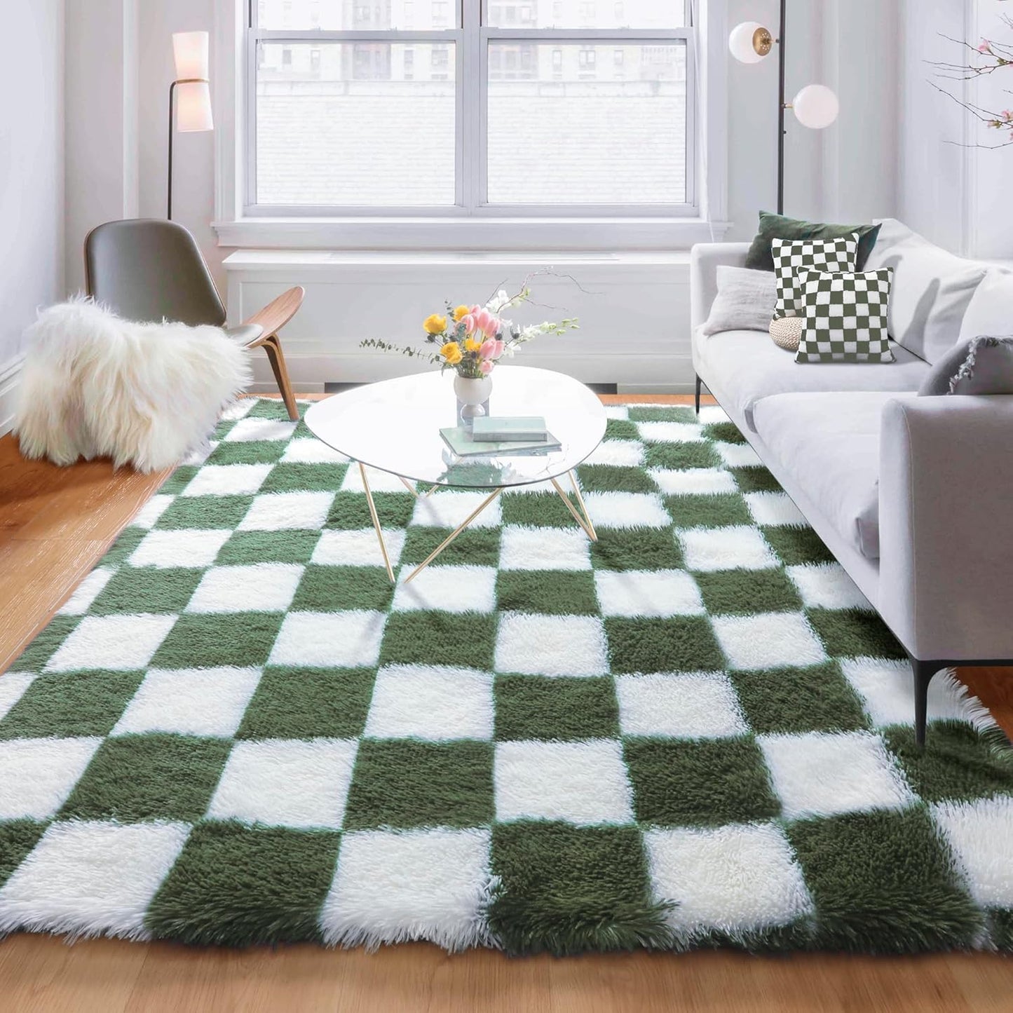 KICMOR 5x8 Olive Green and White Plush Area Rug for Living Room