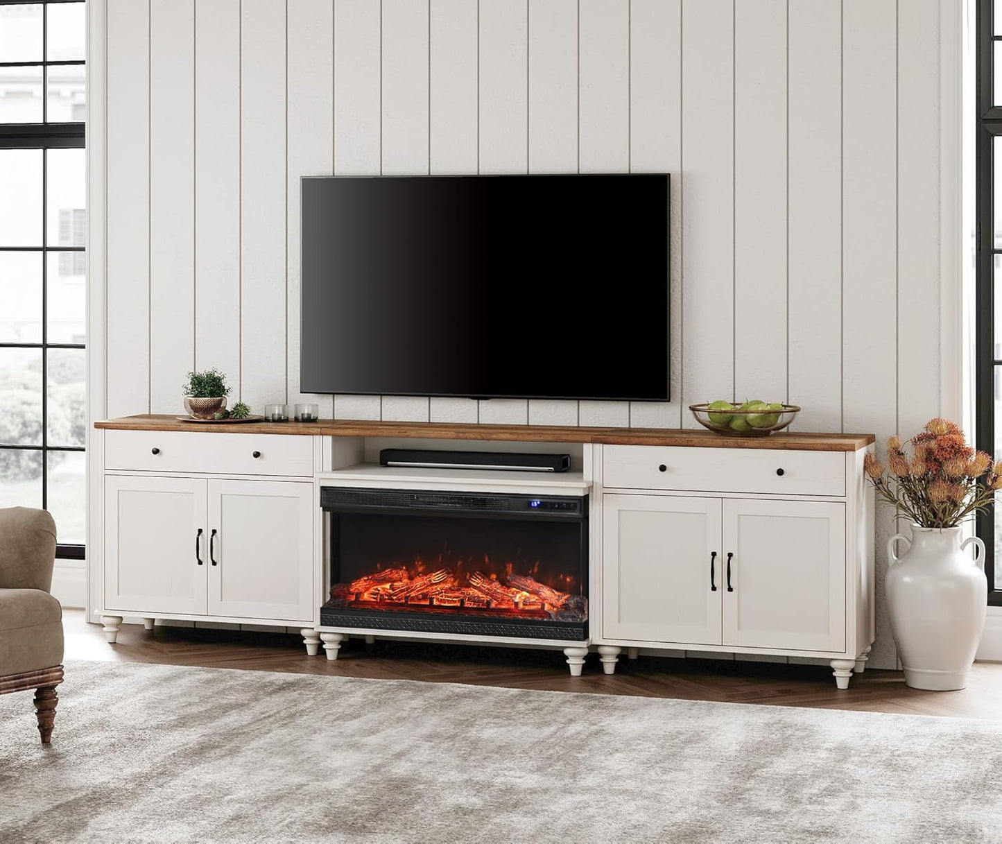 Modern White Fireplace TV Stand: 36'' Electric Fire, Storage & Drawers