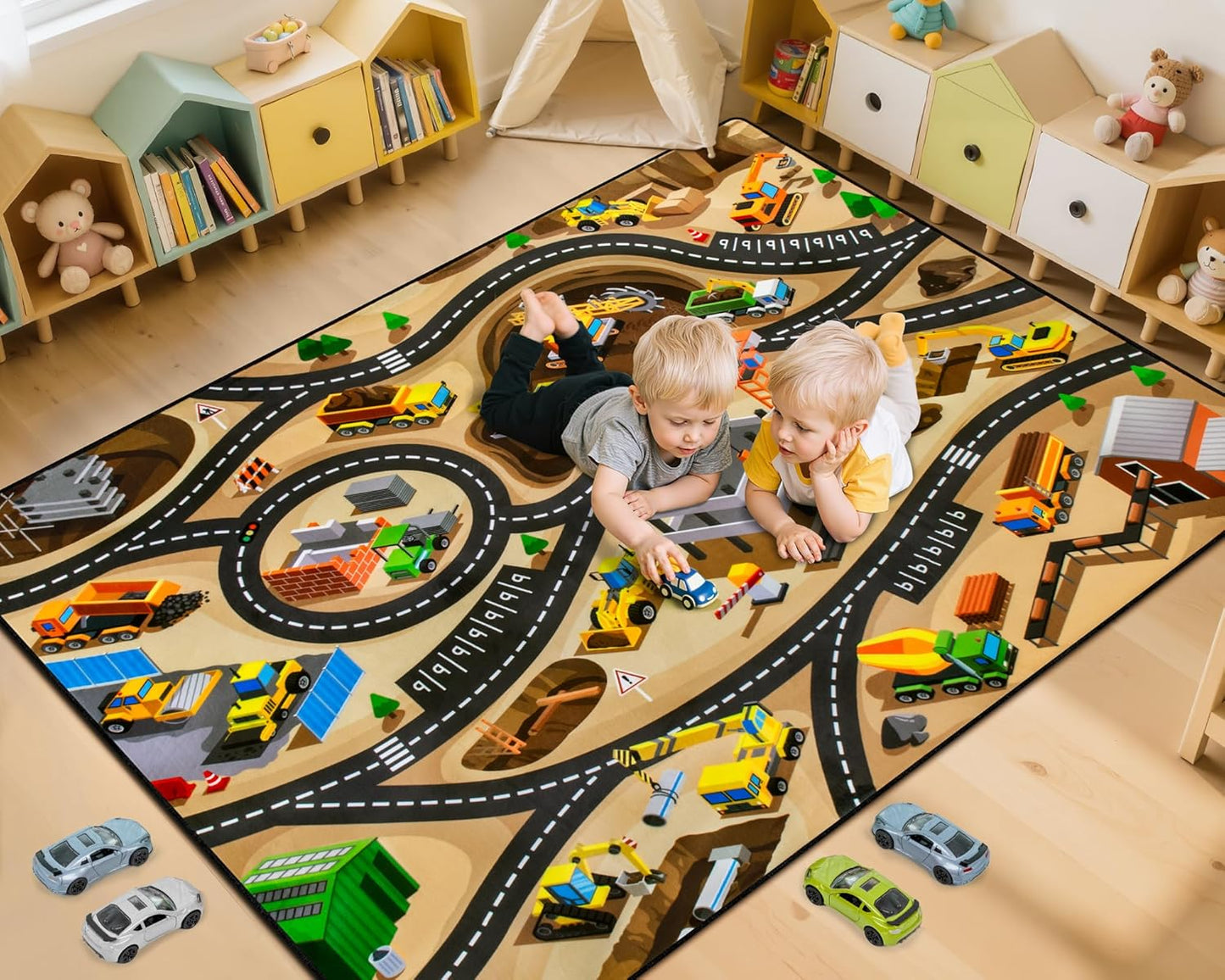 Kids 5ft x 7ft Construction Site Car Rug - Non-Slip & Washable