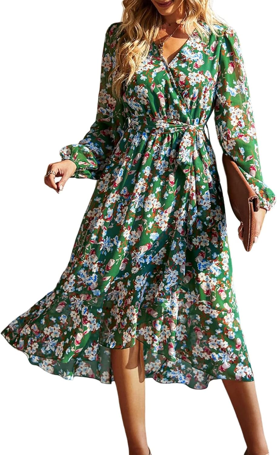 Floral Boho Maxi Dress for Women - Long Sleeve Wrap V Neck
