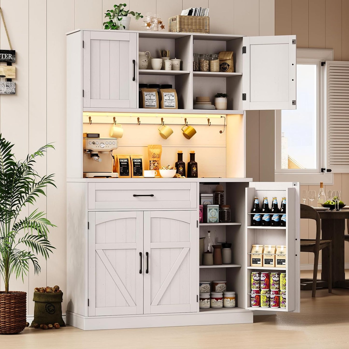 Multifunctional Kitchen Pantry with LED Lighting & Outlet