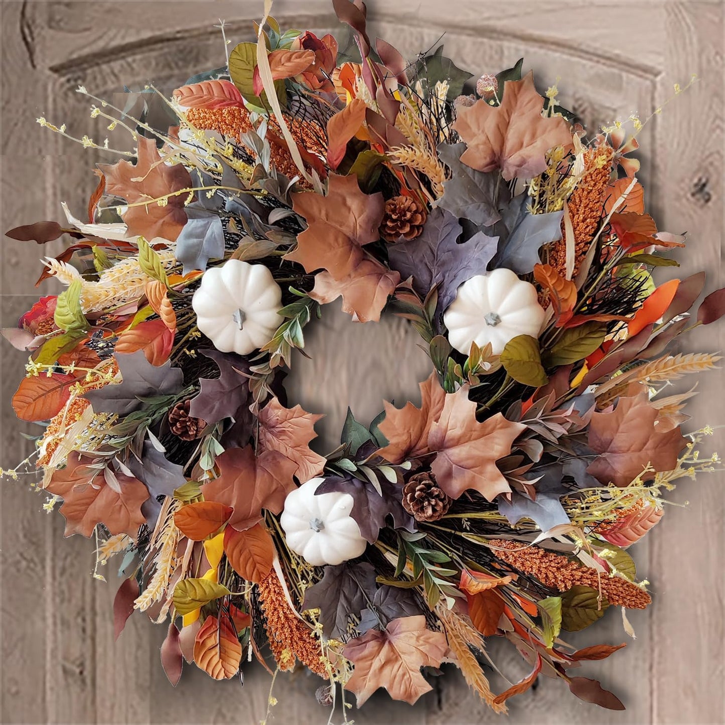 24 Inch Fall Wreath with White Pumpkins and Maple Leaves
