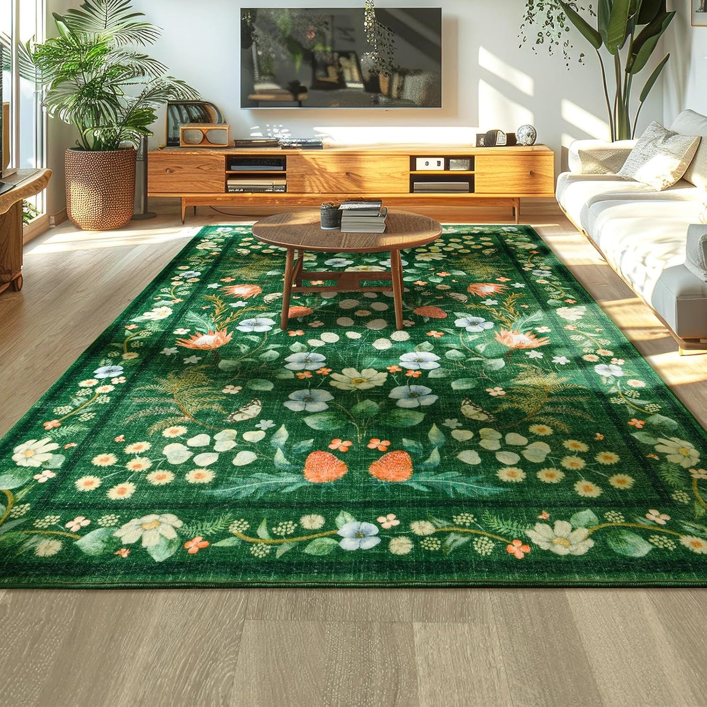 Boho Washable Rug 4x6 Non Slip Green