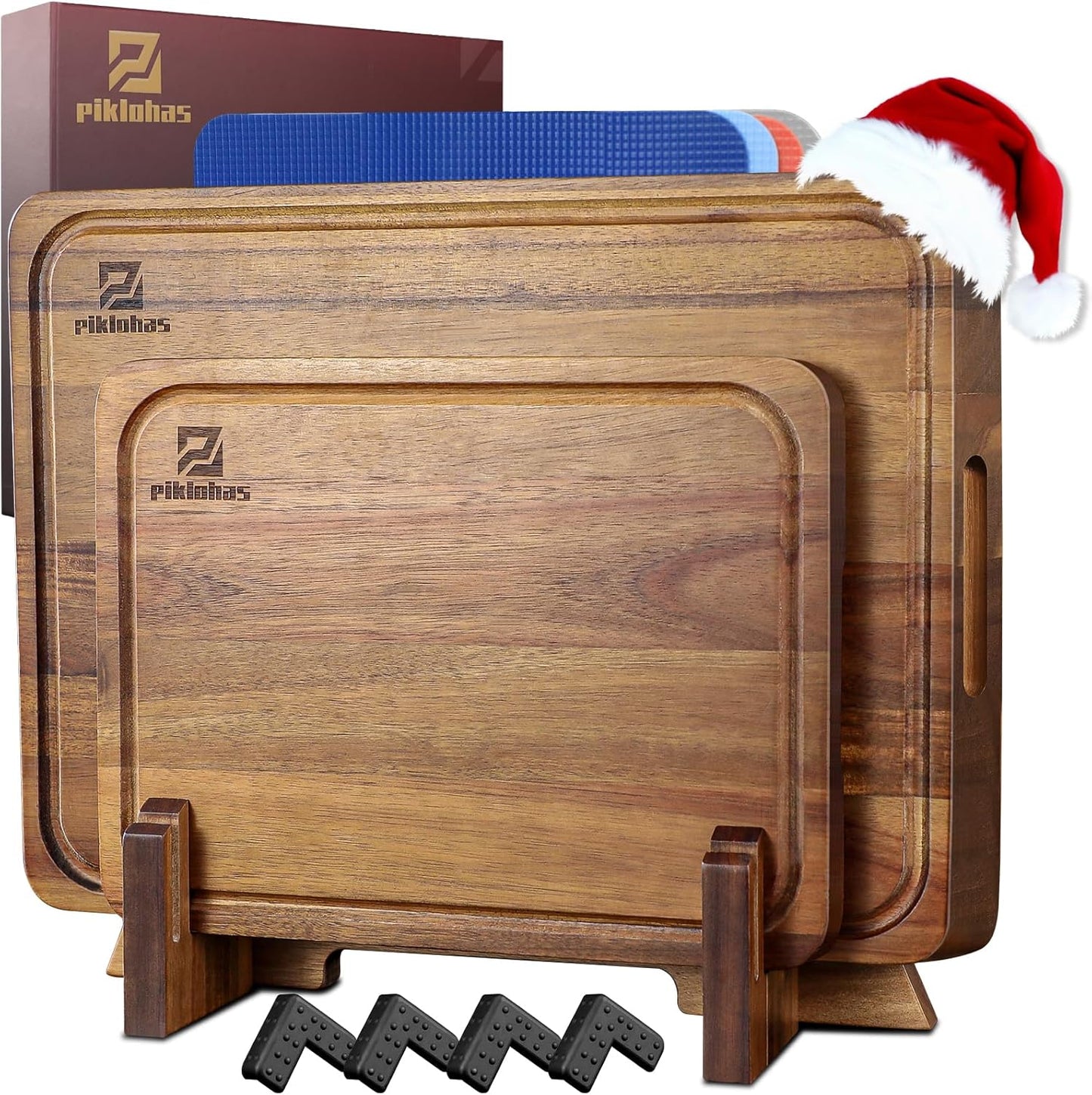 Large Acacia Wood Cutting Board Set with Holder and Mats