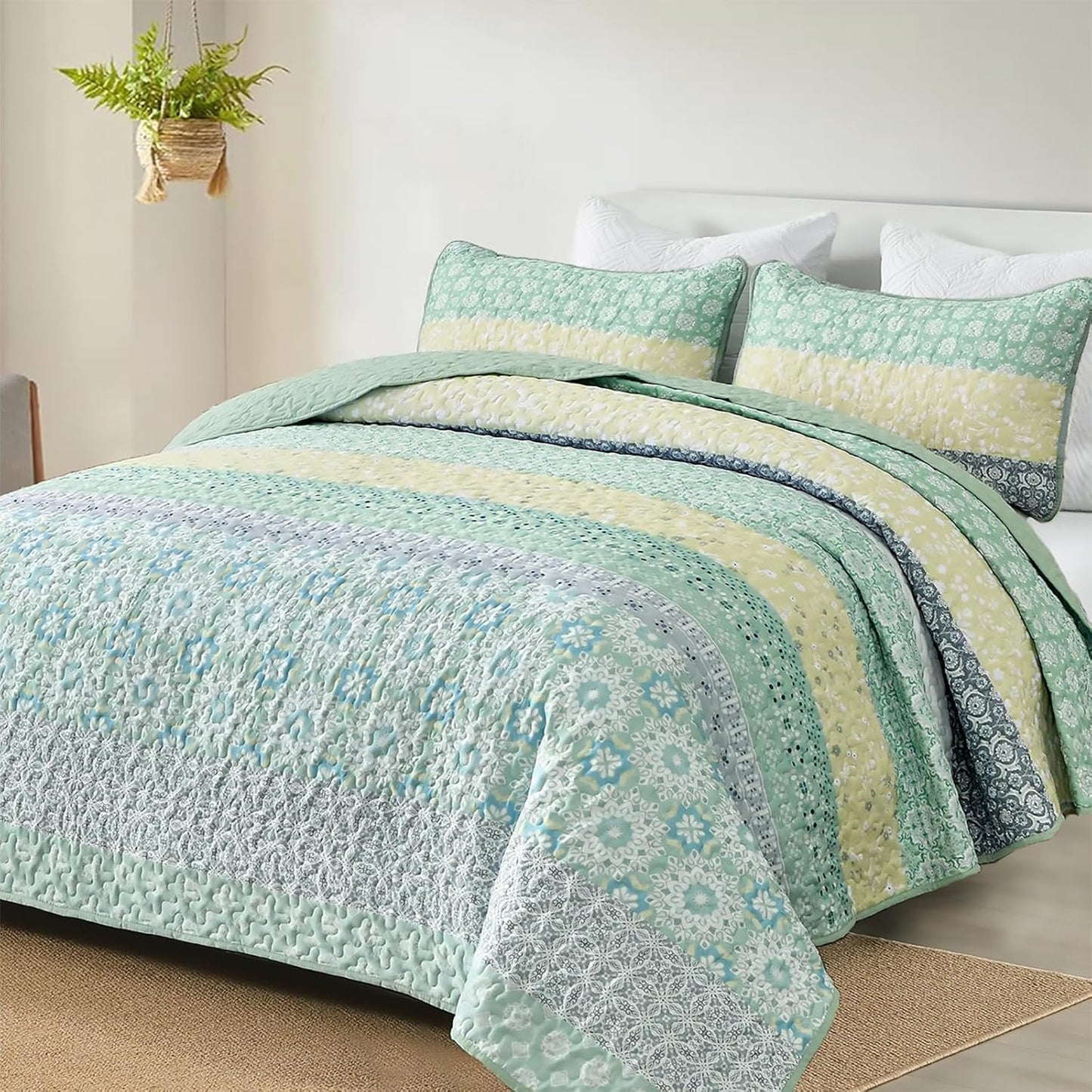 Sage Green Bohemian Striped Quilt Set King for Cozy Bedrooms