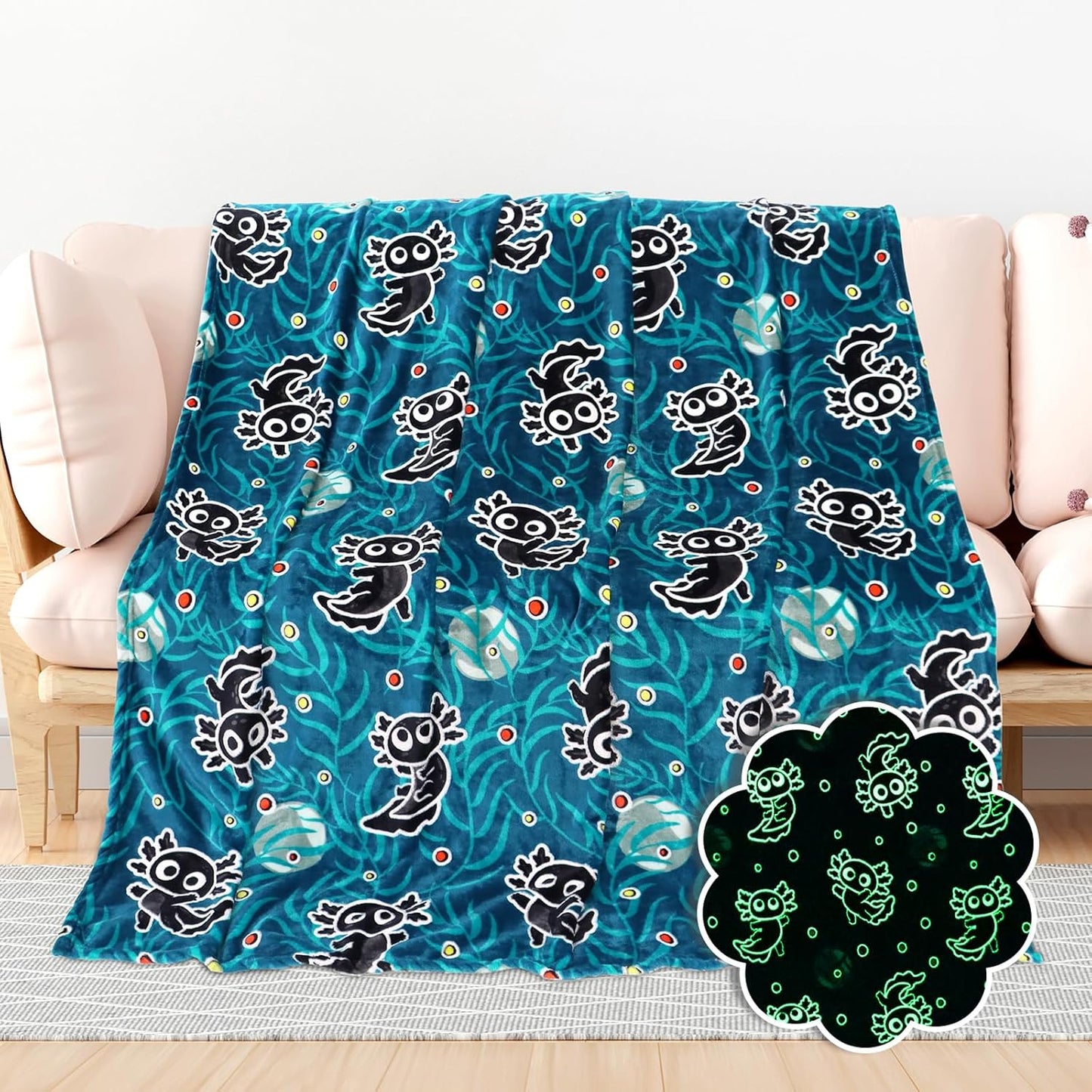 Twin Size Axolotl Throw Blanket - Glow in The Dark Soft Comfort