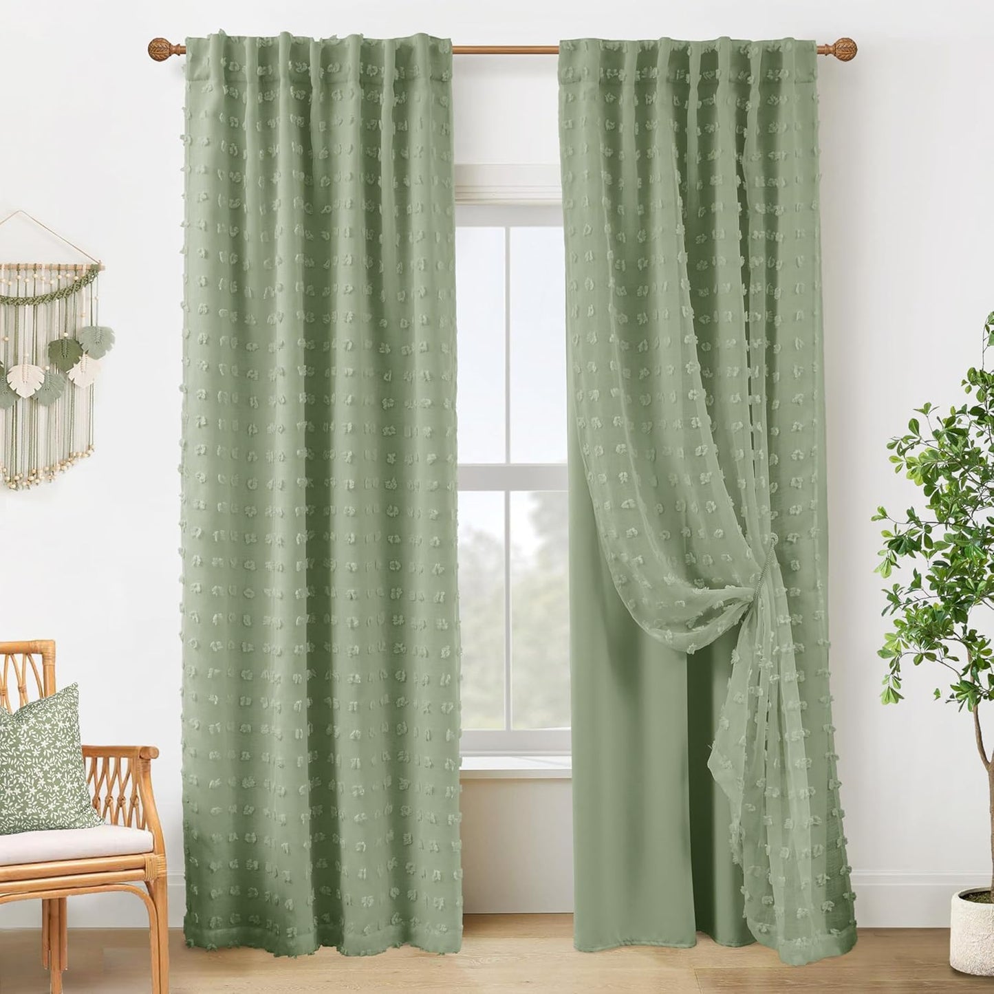 Sage Green Room Darkening Curtains with Pom Pom Pattern