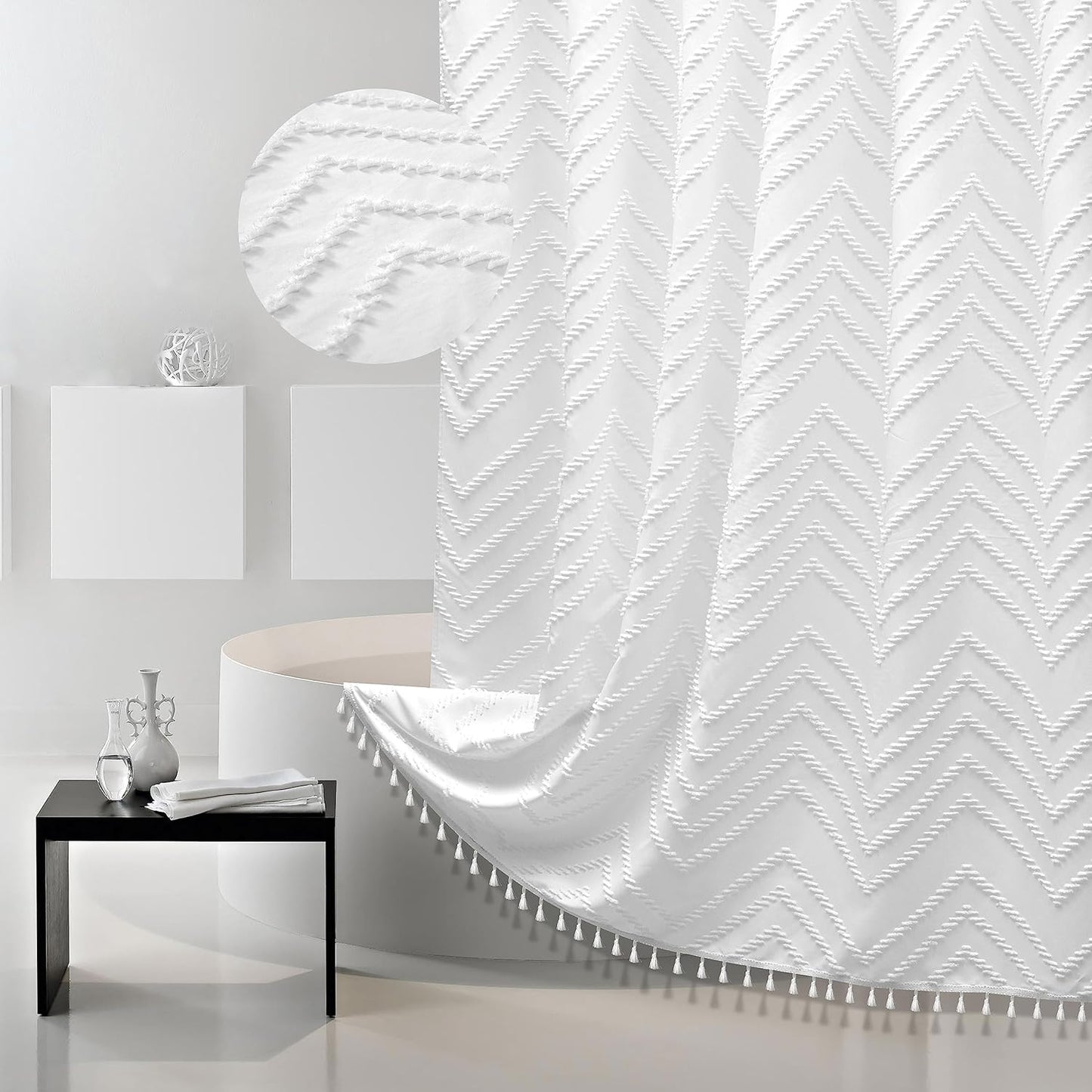 Boho White Tassel Fabric Shower Curtain - 72 x 72
