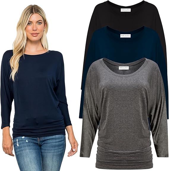 Free to Live 3 Pack 3/4 Sleeve Casual Women's Dolman Tops Review