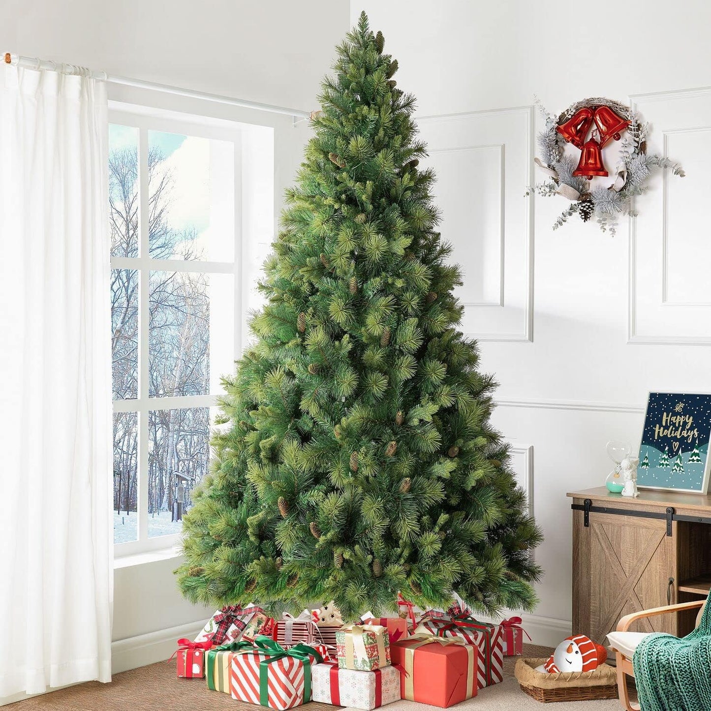 9ft Prelit Artificial Christmas Tree with Pine Cones and Lights