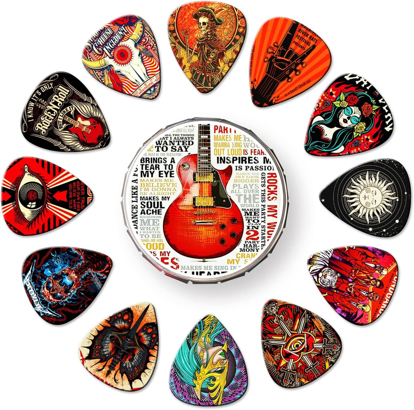 Premium Guitar Picks 24-Pack w/ Tin Box - Ultimate Variety for Guitar Lovers