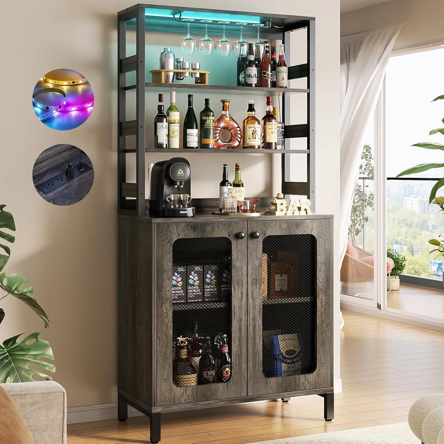 67 Tall Bar Cabinet with Power Outlets & LED Lights