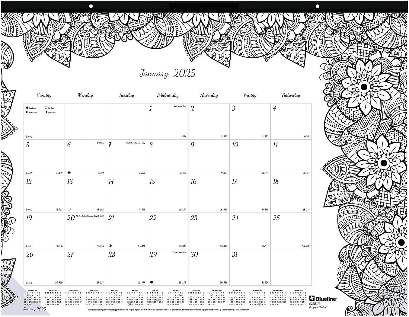 2025 Botanica Coloring Desk Pad Calendar, 22x17 inches - Monthly Planner
