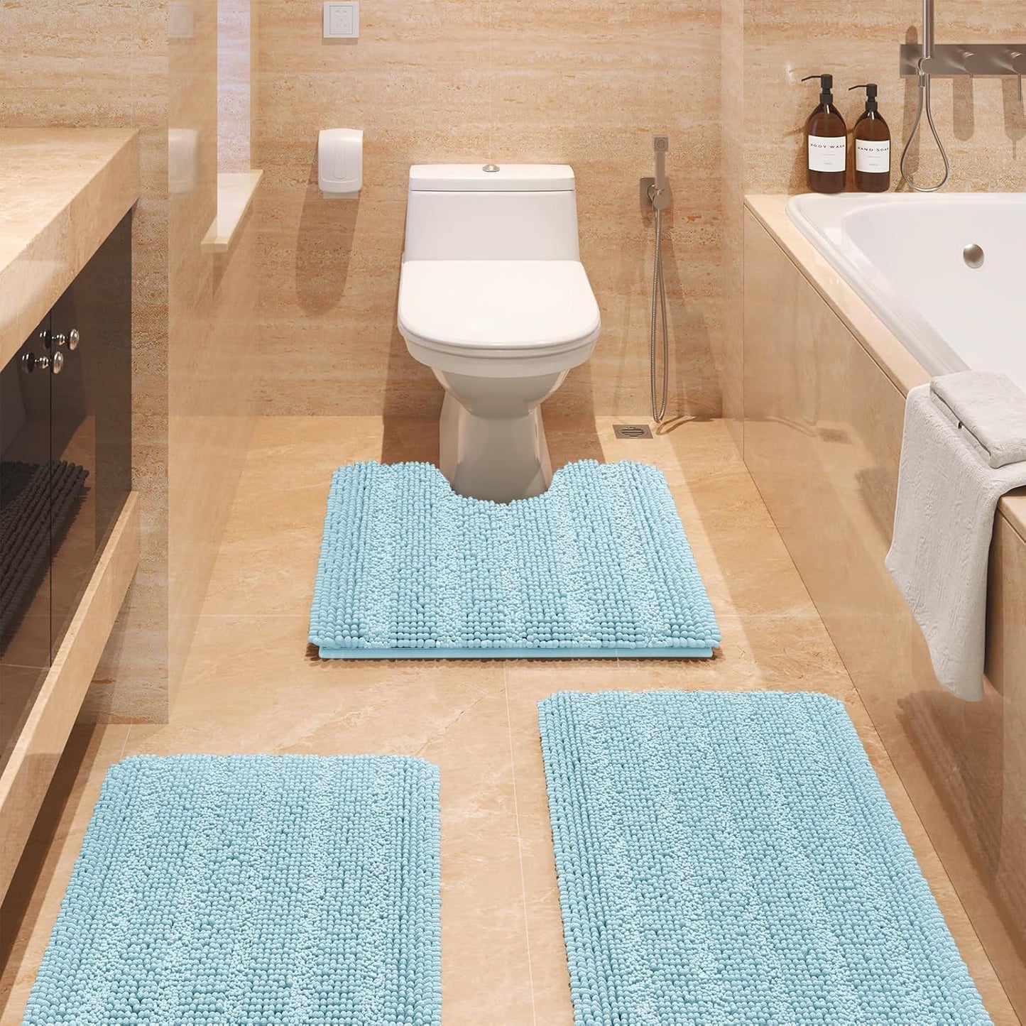 Striped Spa Blue Bathroom Rug Set 3 Pieces Ultra Soft Chenille