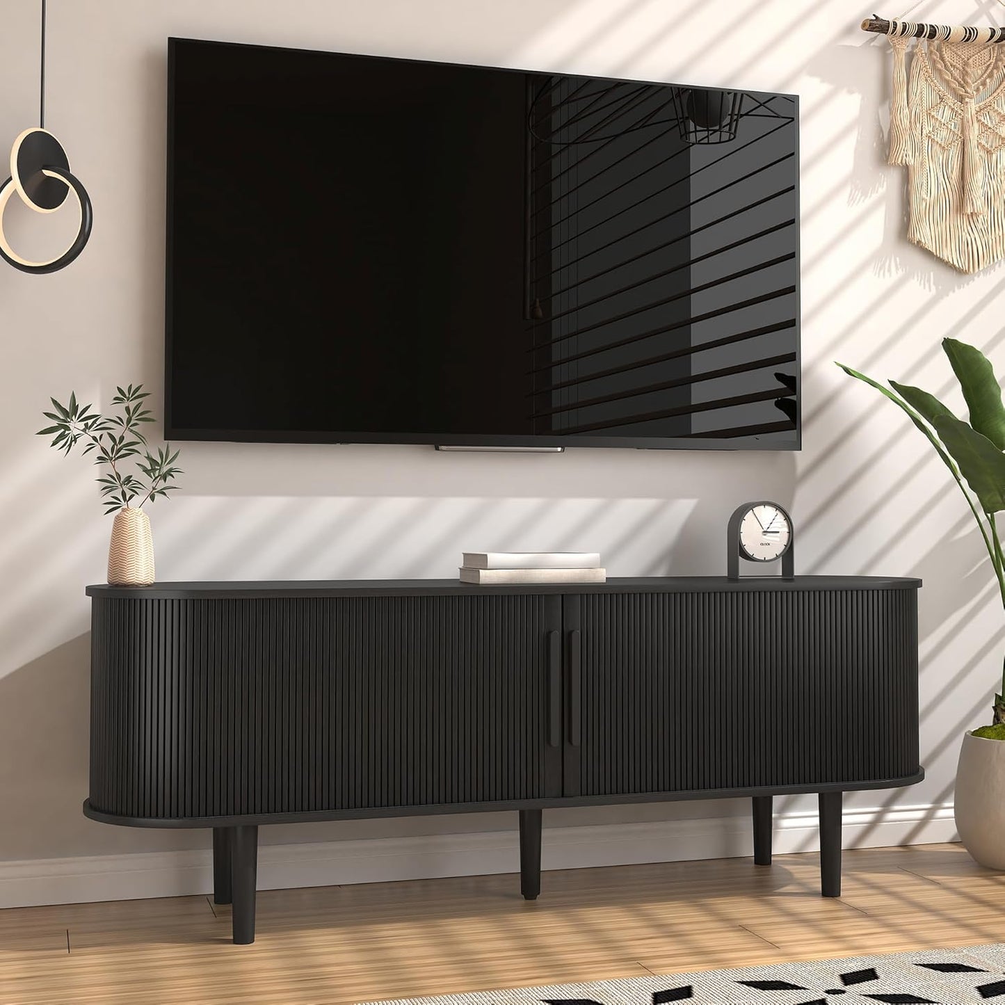 Black Mid Century TV Stand w/ Sliding Door & Storage