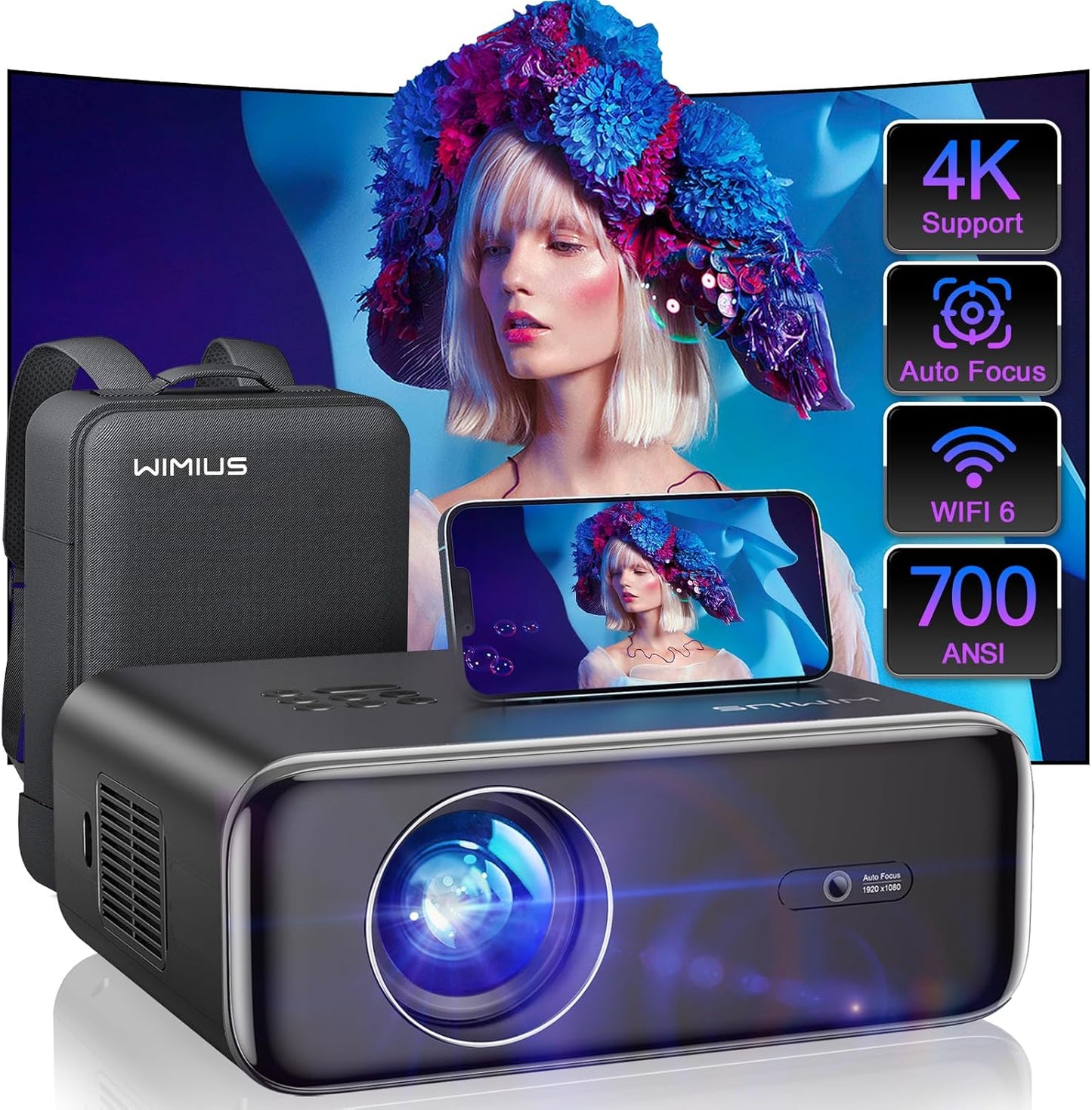 WiMiUS P62 1080P WiFi Projector - Auto Focus & 4K Support