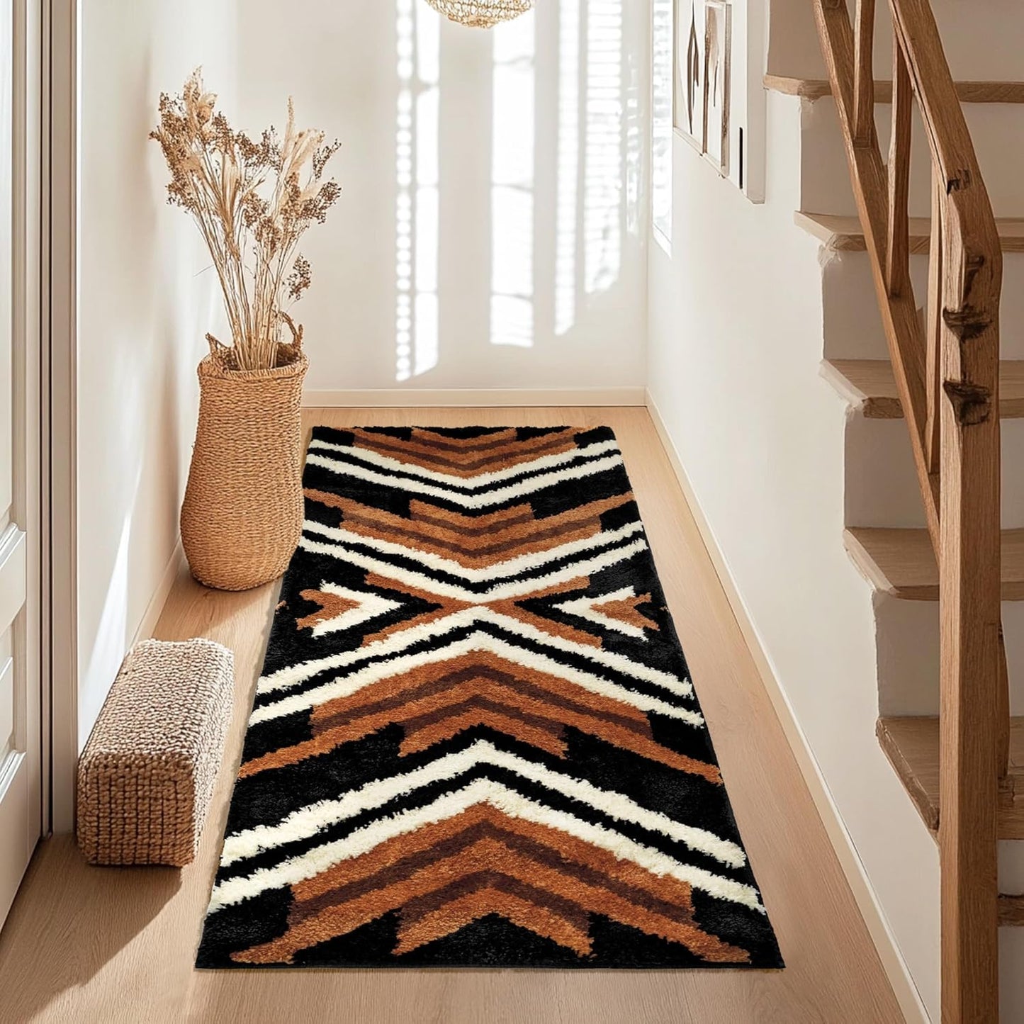 Black Boho Long Bathroom Rugs Runner Non Slip Washable Mats
