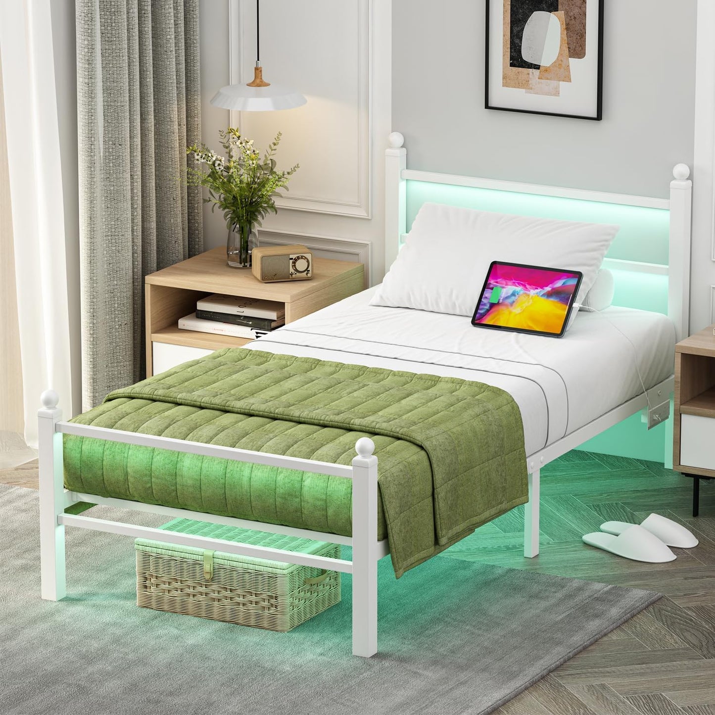 Twin Size Bed Frame with Charging Ports and LED Lights for Kids