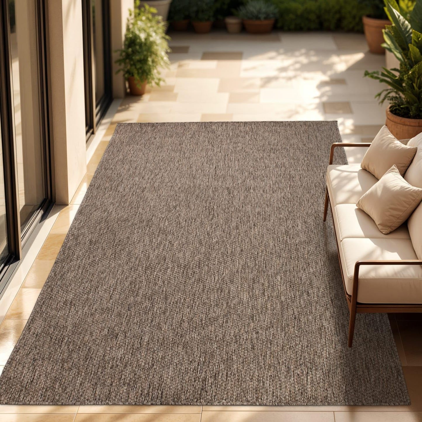 Flatweave Outdoor Rug for Patio or Balcony in Mottled Brown