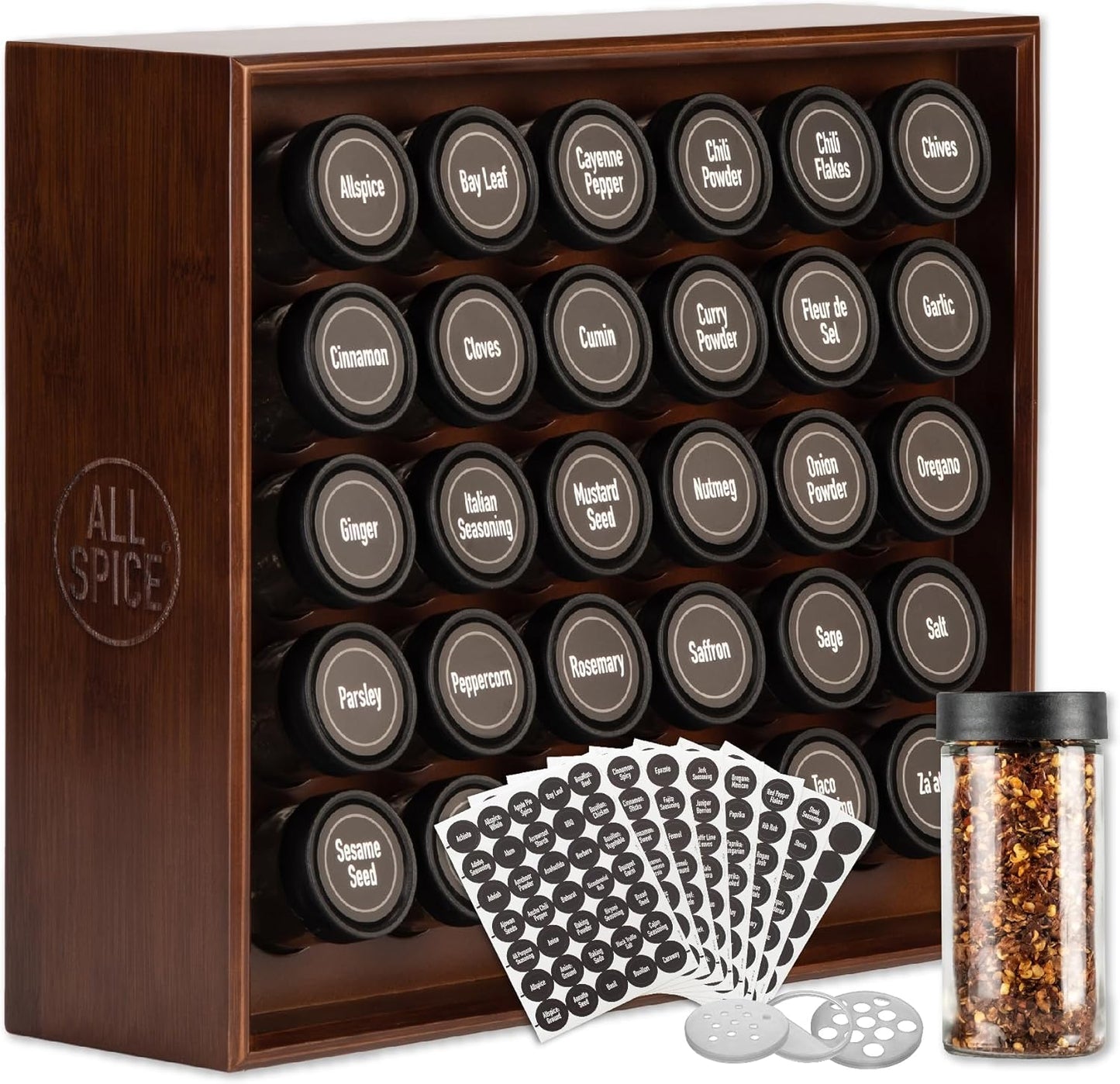 AllSpice Spice Rack Organizer with 30 Jars and 525 Labels