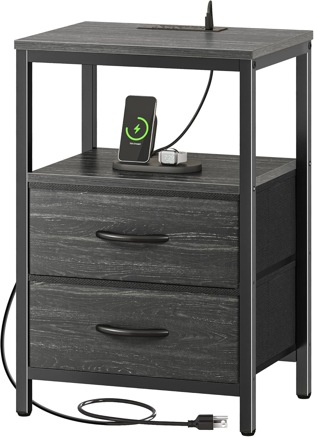 Huuger Nightstand with Charging Station and Fabric Drawers