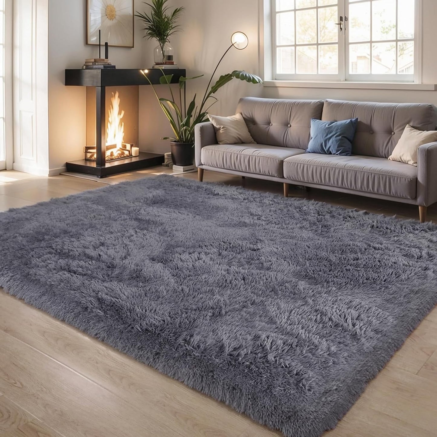 Thick Area Rug Grey Fluffy Shag 5x8 for Cozy Living Spaces