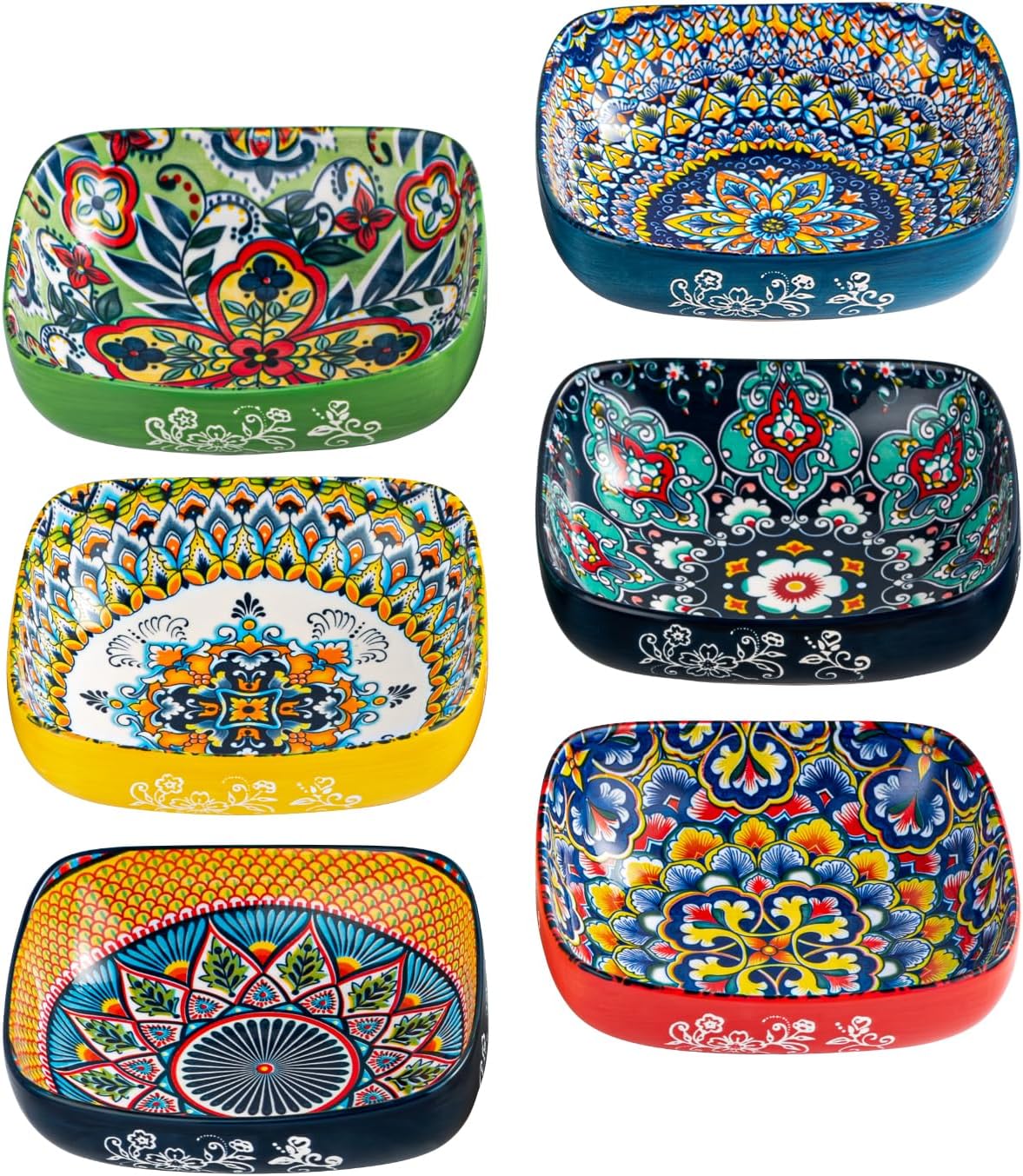 Boho Ceramic Square Bowls Set of 6 - Colorful 20 oz Bowls