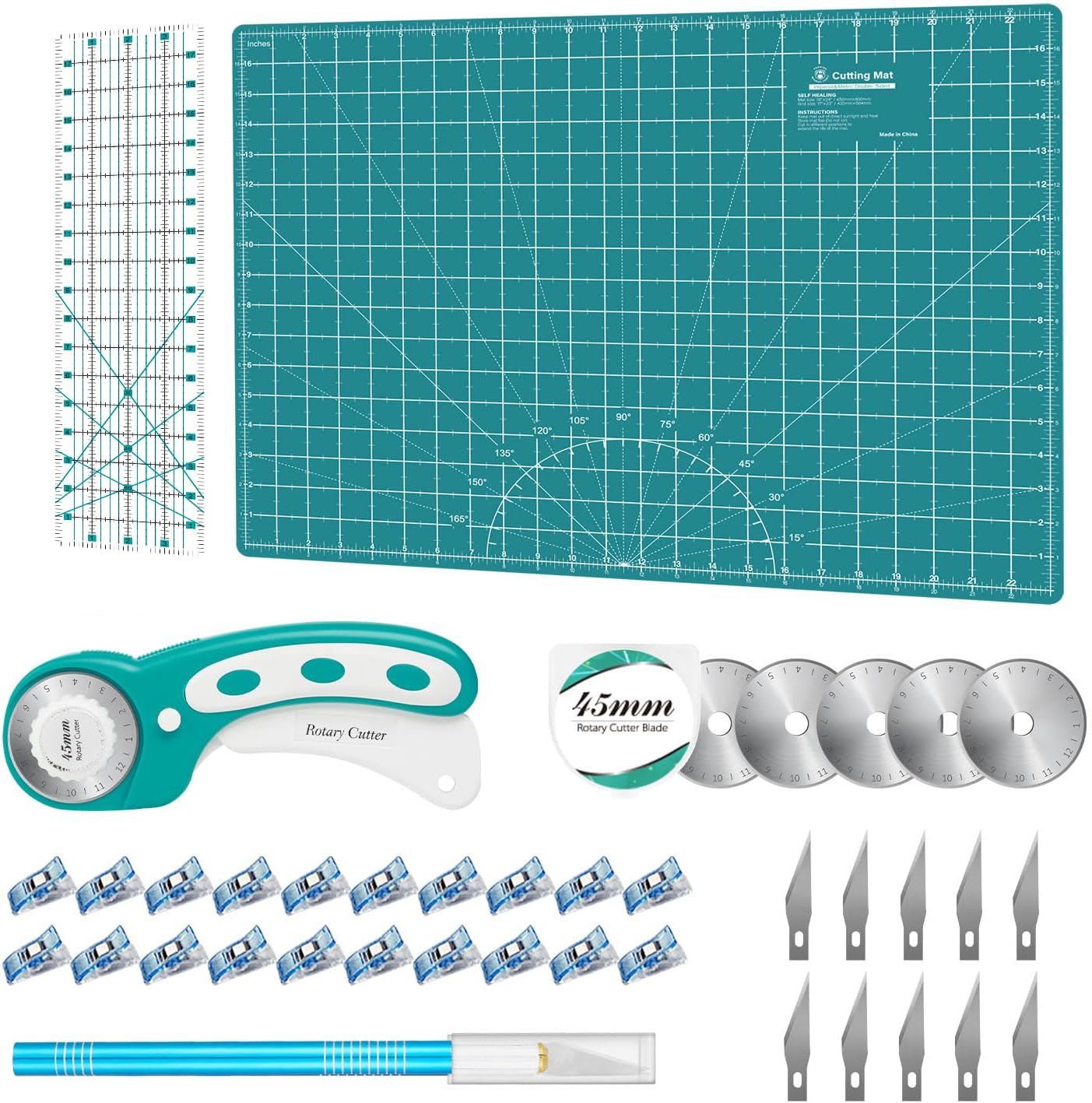 Rotary Cutter Set for Quilting with Blades, Mat, Ruler & Clips