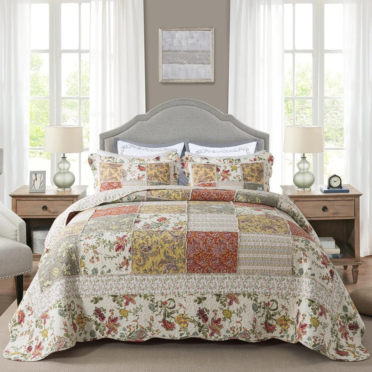 NEWLAKE Cotton Patchwork Bedspread Set for King Size Beds