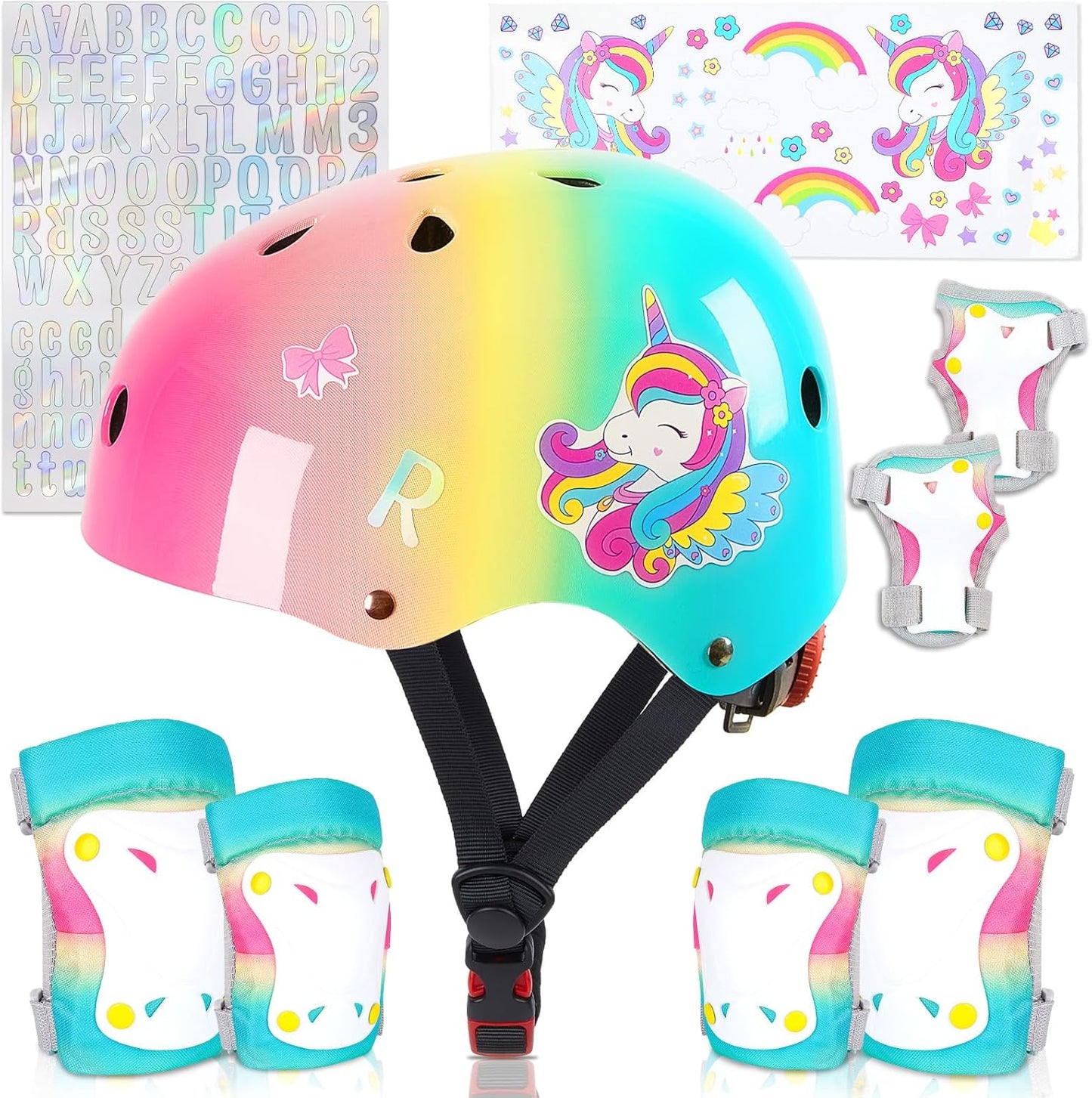 Kids Helmet with Unicorn Stickers and Protective Gear Set