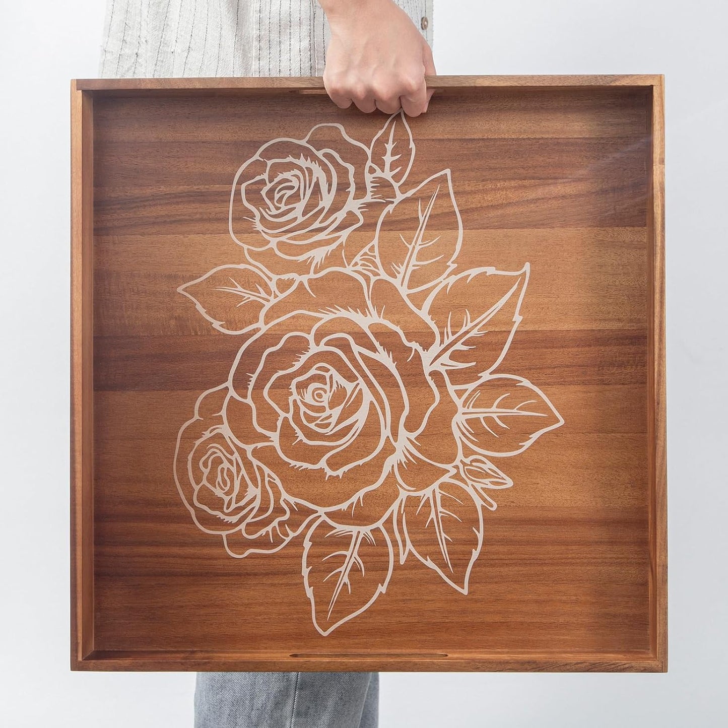 Acacia Wood Serving Tray with Handles for Living Room Use