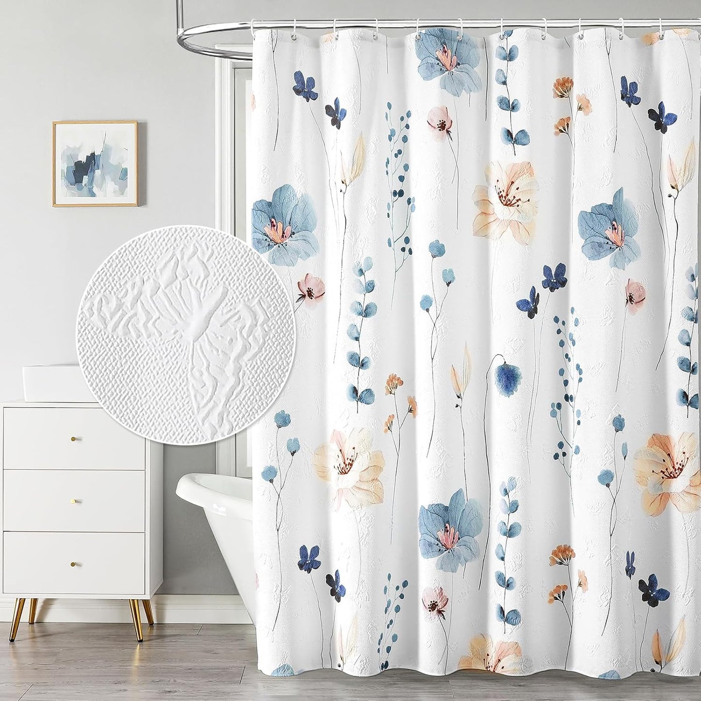 QiyI Long Shower Curtain 72 x 78, Modern Floral Design