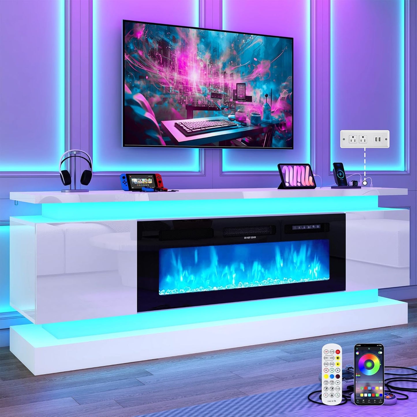Modern Fireplace TV Stand w/ Dual LED, Power Outlet