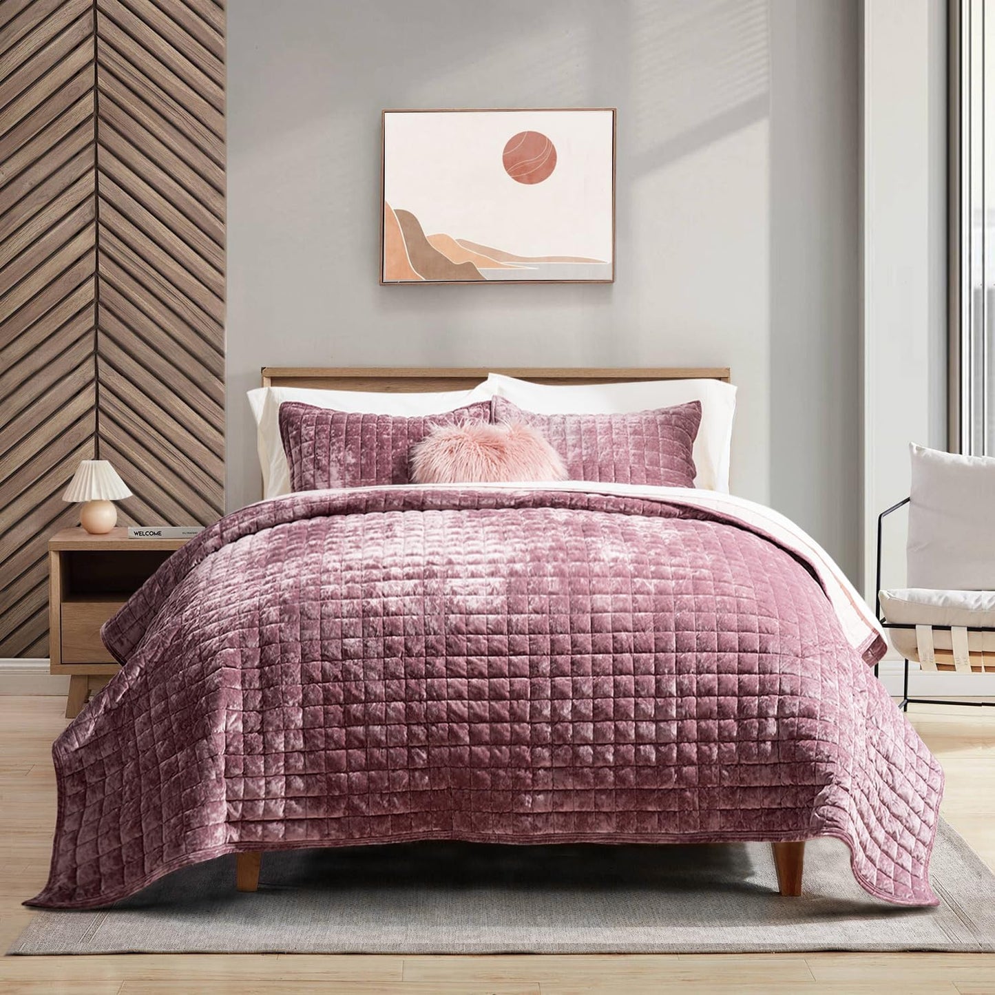 Luxury Velvet Quilt Set Full Queen Size in Dusty Mauve Pink