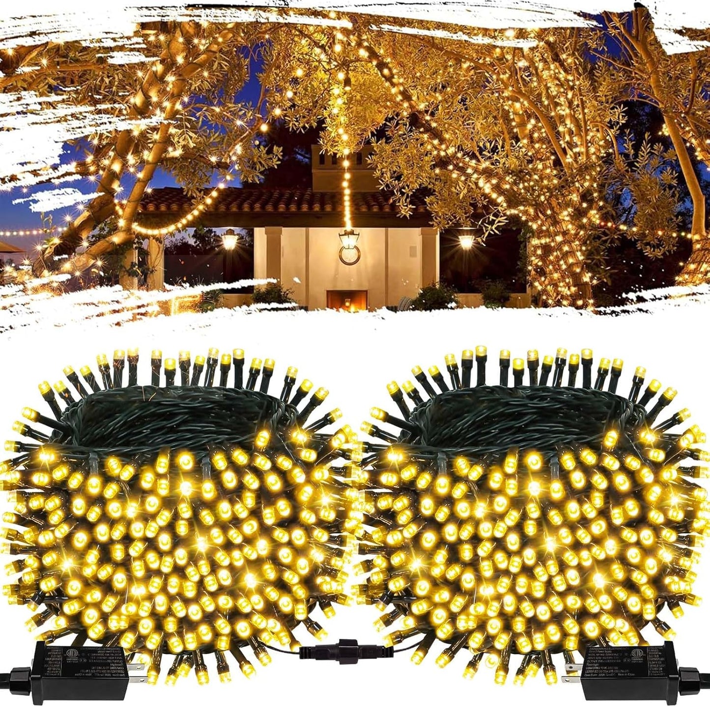 164FT Waterproof Twinkle String Lights, 8 Modes, Christmas Decor, Warm White