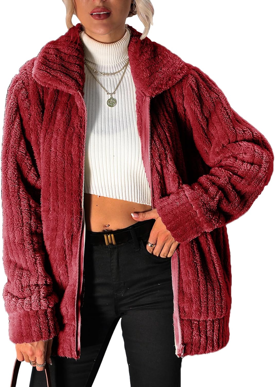 Women's Fleece Jacket Full Zip Lapel Collar Sherpa Coat Outerwear