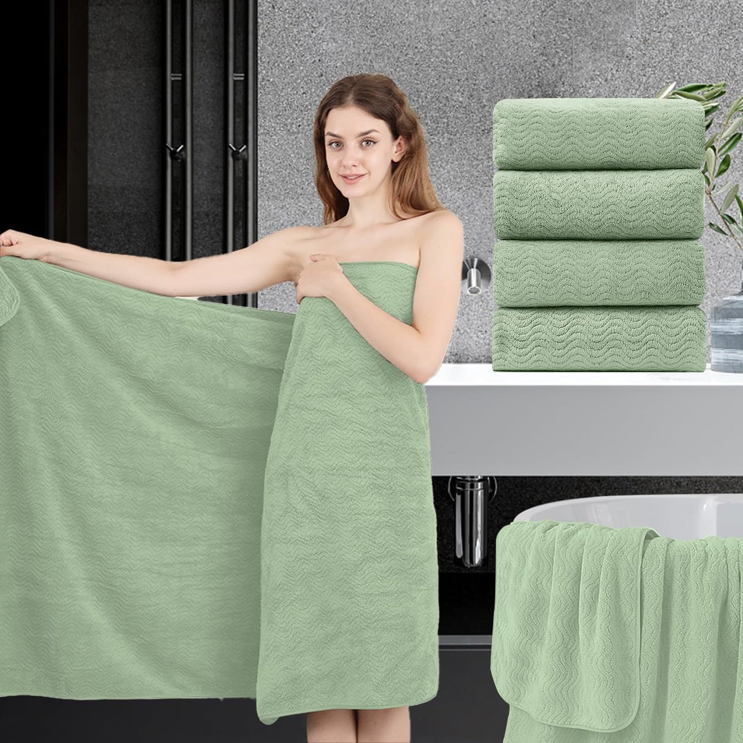 Oversized Bath Towel Set - 4 Piece Extra Large 35x70 in Green