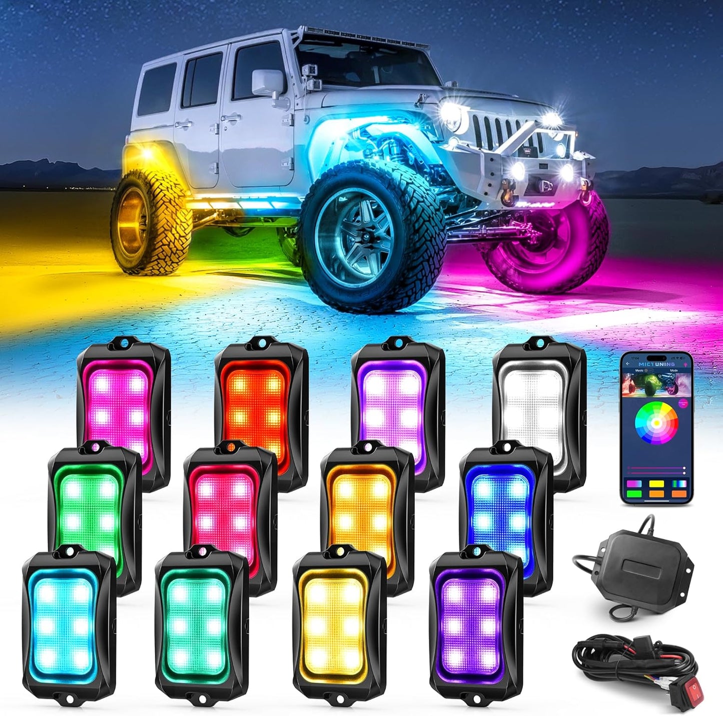 MICTUNING C2+ RGB+IC Chasing Color Rock Lights for Off-Road Fun