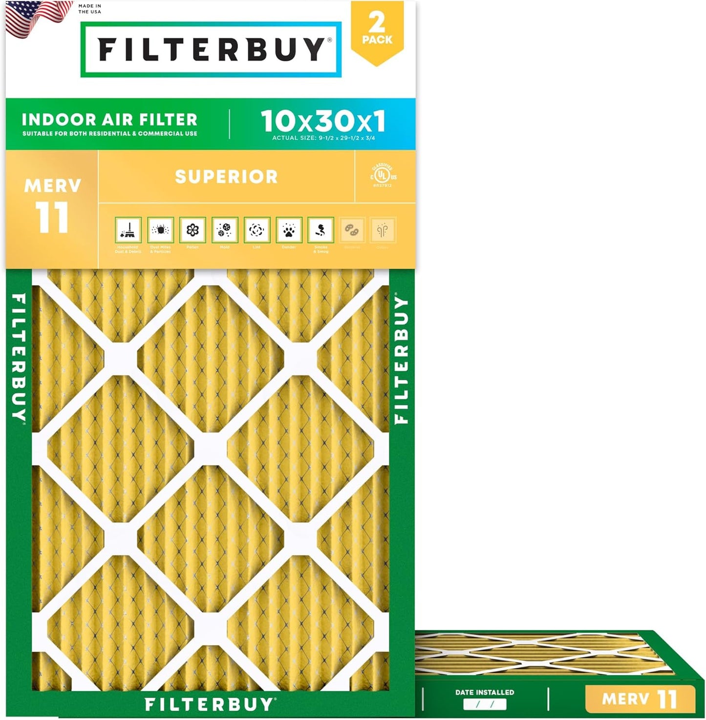Filterbuy 10x30x1 Air Filter MERV 11 for Pet & Allergy Defense