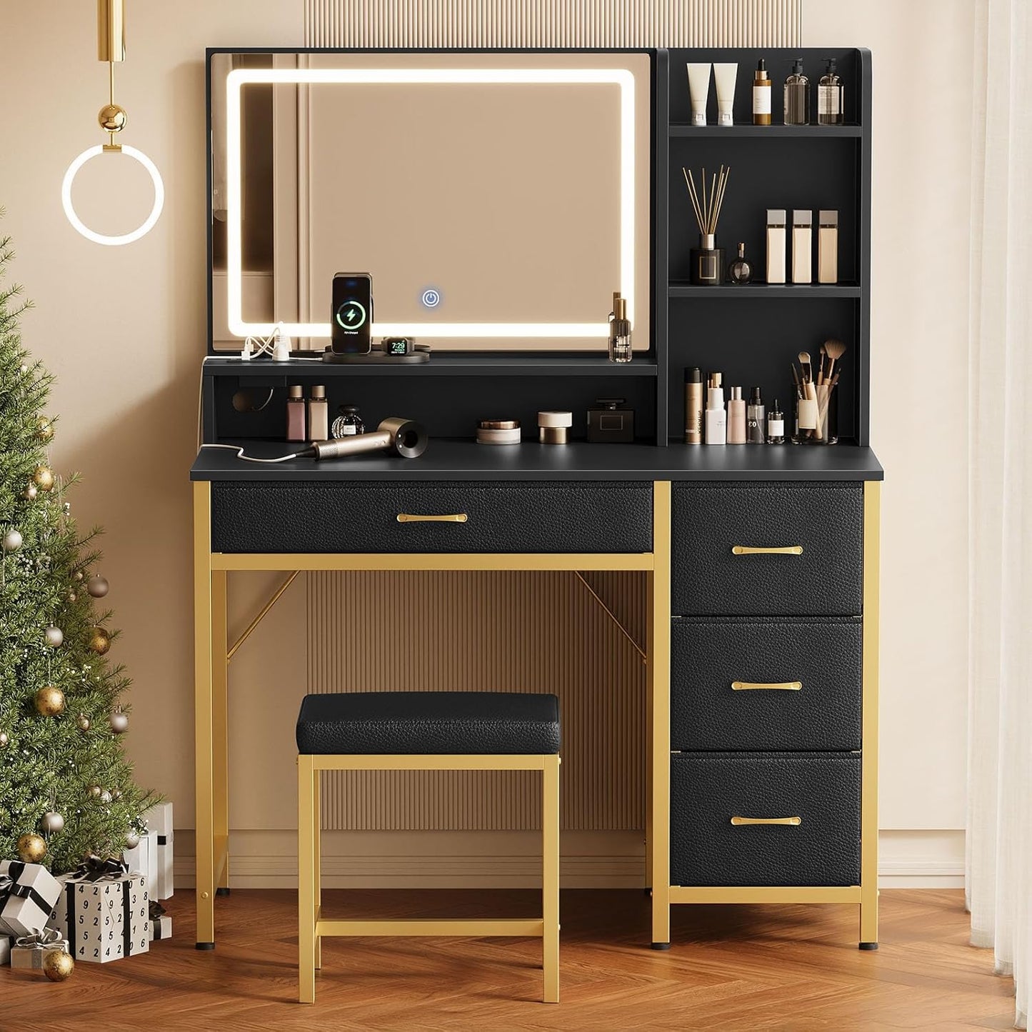 Rolanstar Glam Vanity Set: Mirror, Lights, Stool, Outlets