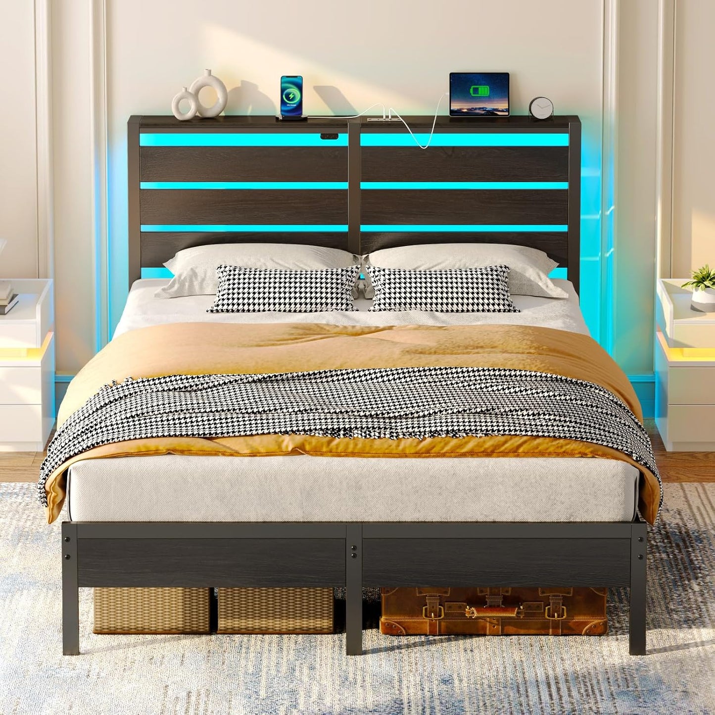 Rolanstar Full Size Bed Frame with USB Charging Station and LED