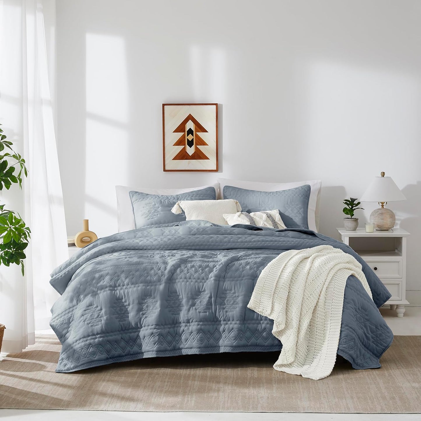 Boho Blue Grey Quilts Queen Size Bedding Set for All Seasons