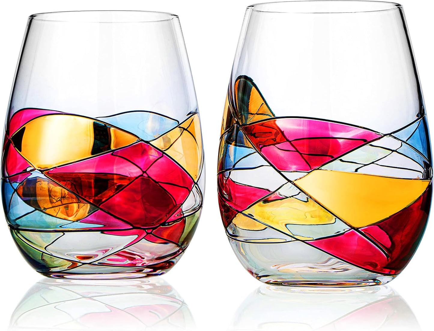 Artisanal Hand-Painted Stemless Wine Glasses Set of 2 Unique Gift