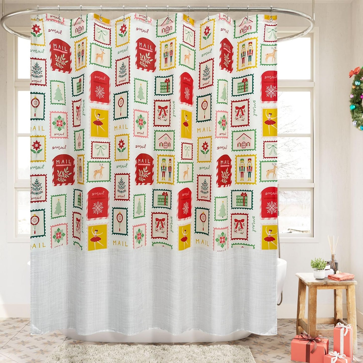 Water Repellent Winter Holiday Shower Curtain, River Dream Stamp Pattern Fabric, 72x72