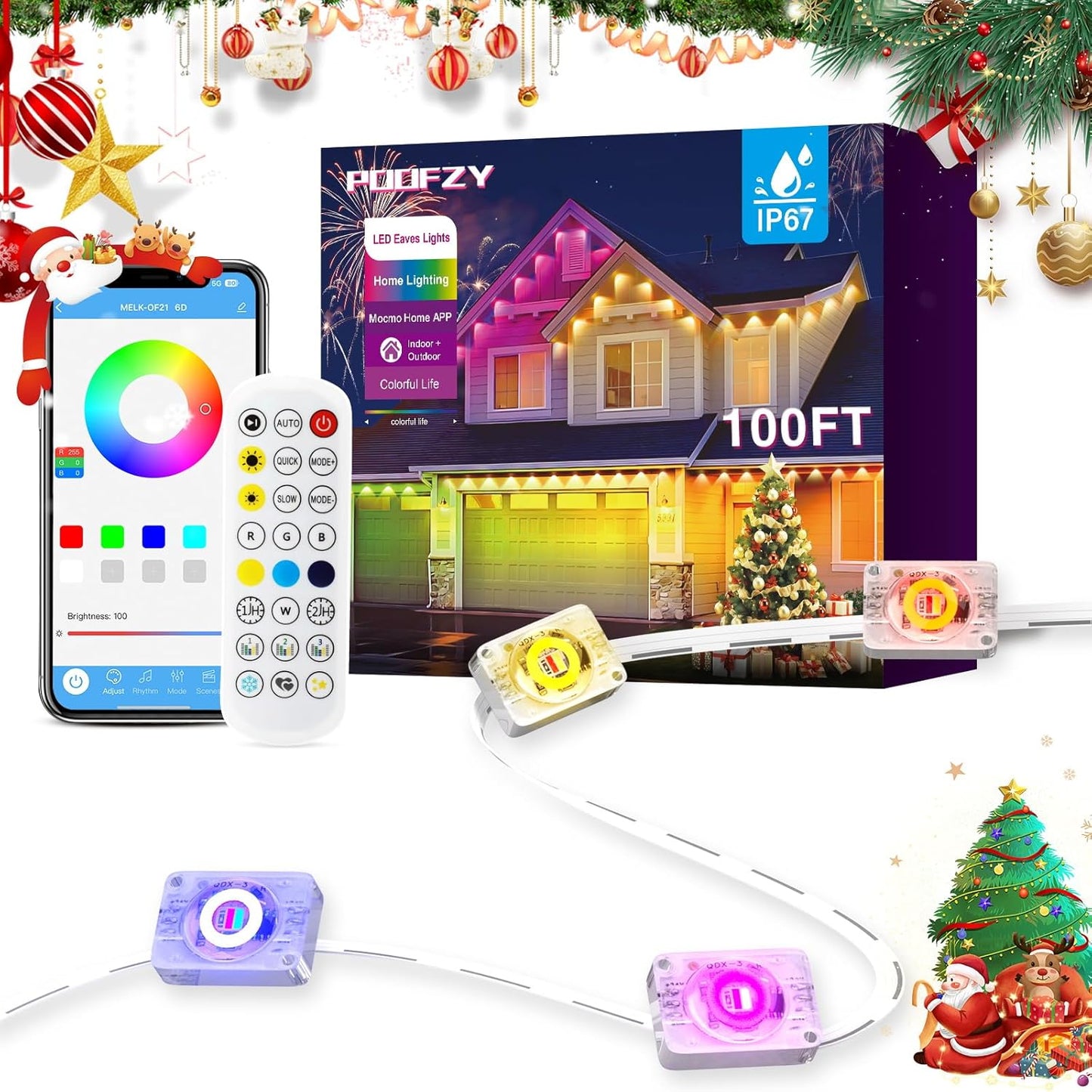 POOFZY Permanent Outdoor Lights for House - 100ft RGB+IC Decor