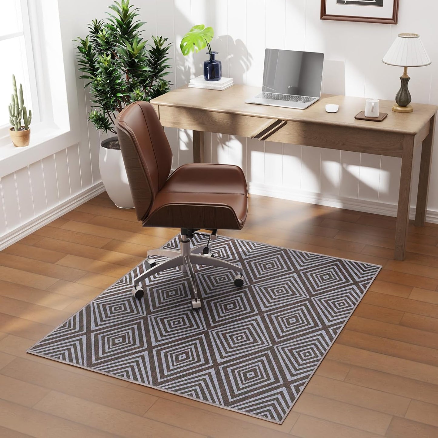 Blue&Black Checkered Diamond-Pattern Computer Chair Mat for Hardwood