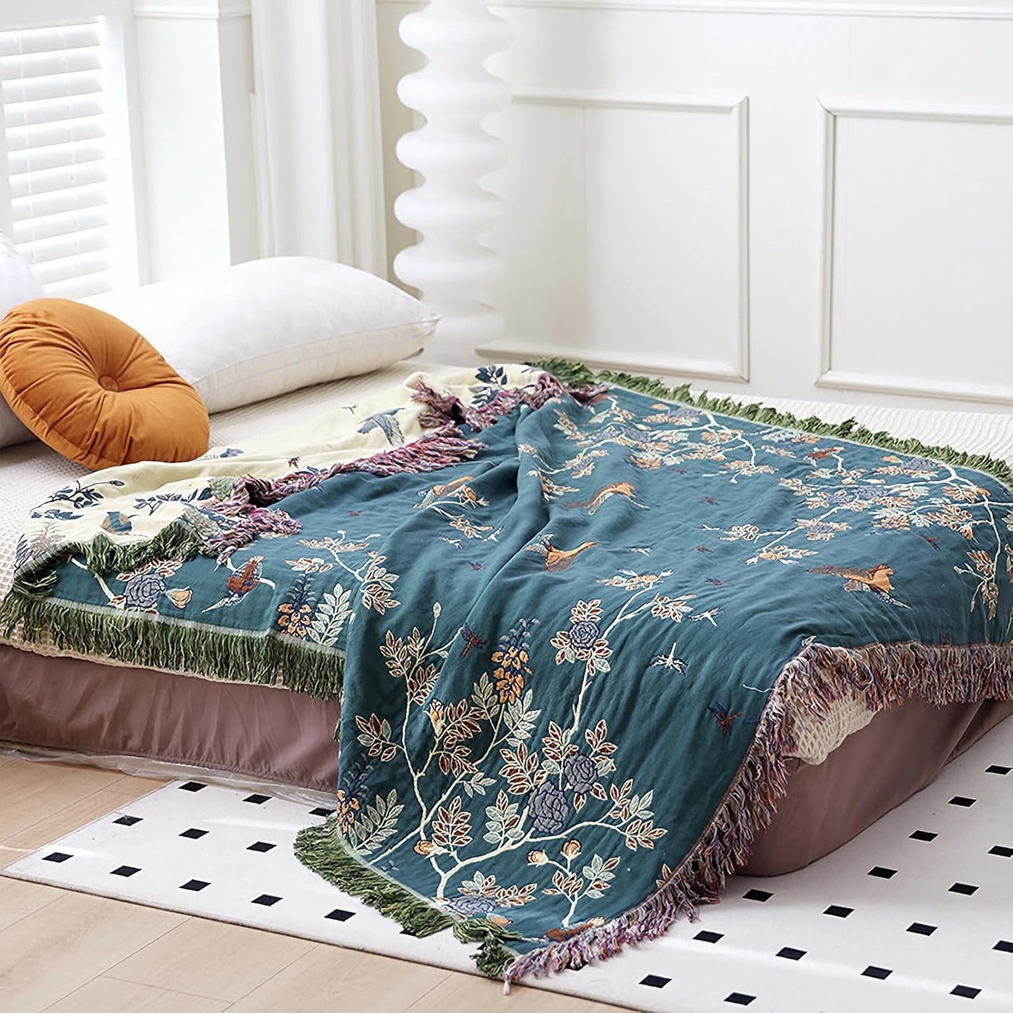 Snycler Boho Throw Blanket - 100% Cotton Rustic Quilt for All Seasons