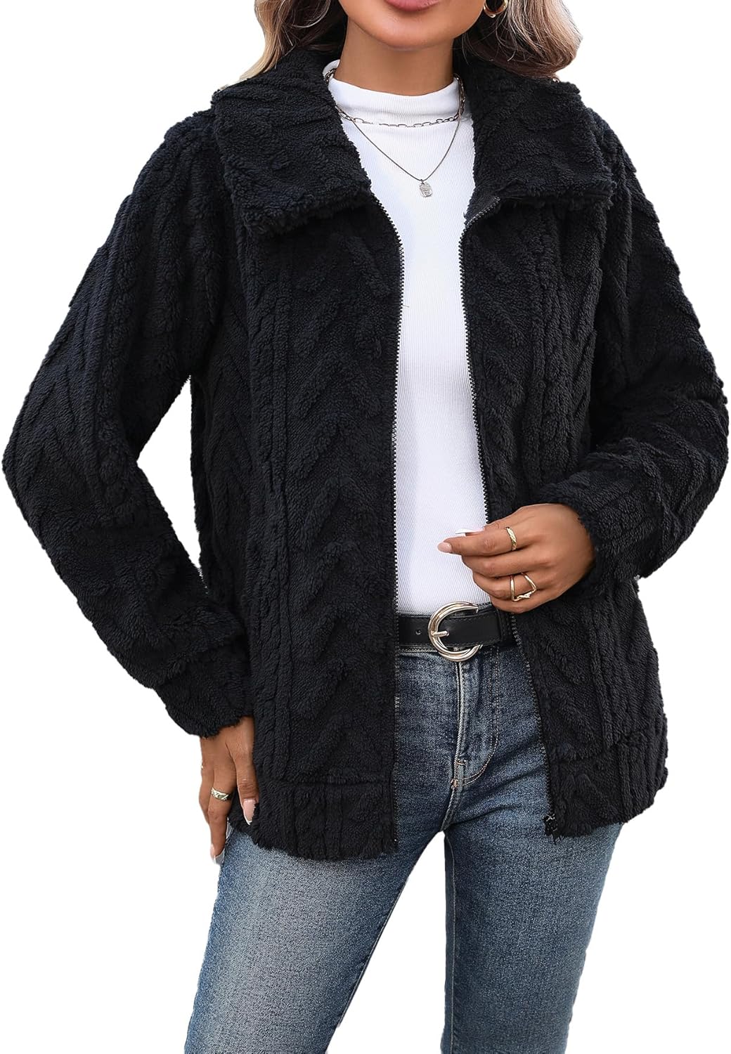 Women's Fleece Jacket Full Zip Long Sleeve Lapel Collar Coat